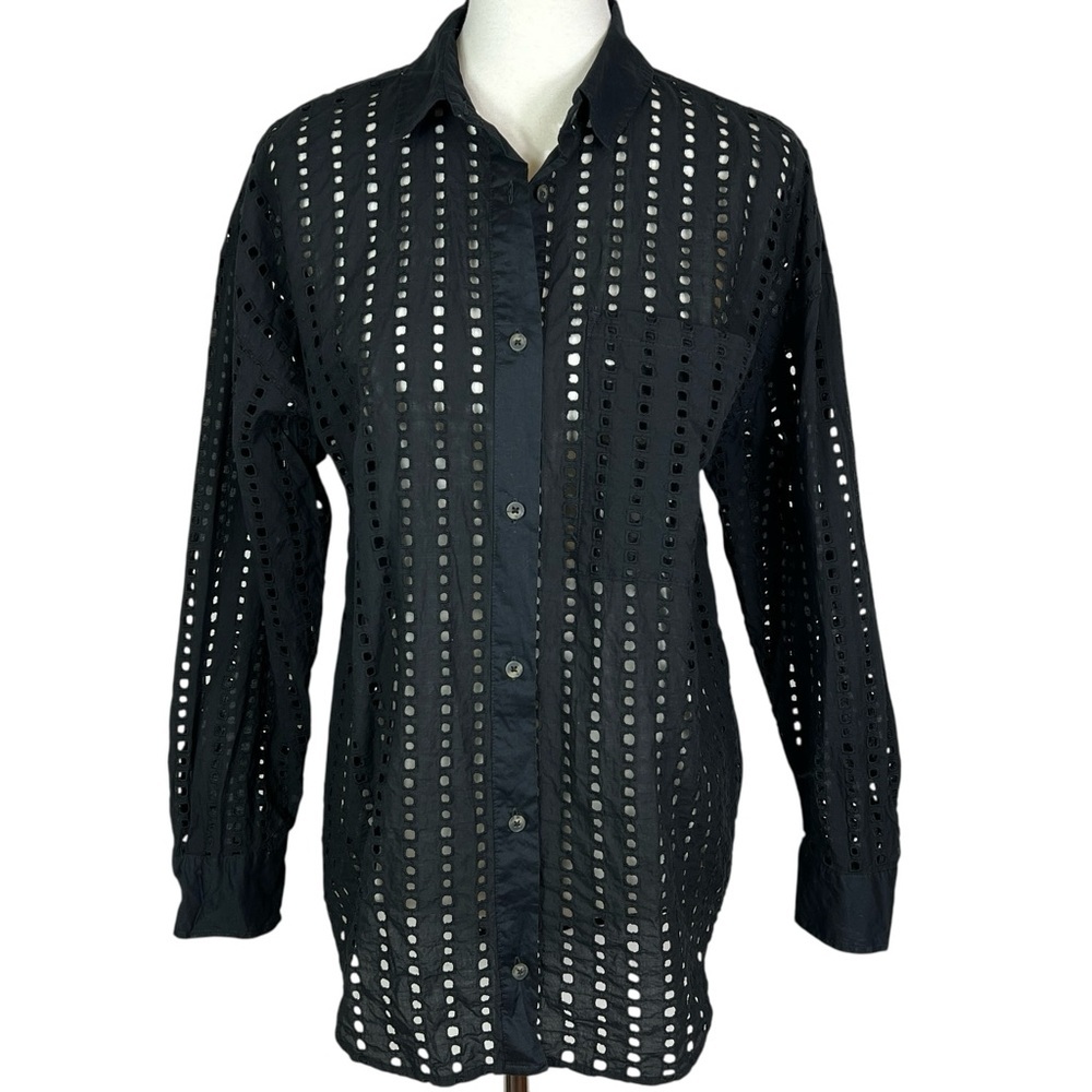 CALIA Black Eyelet Button Down Shirt Women’s Size Medium 100% Cotton Sheer Boho - Picture 2 of 10
